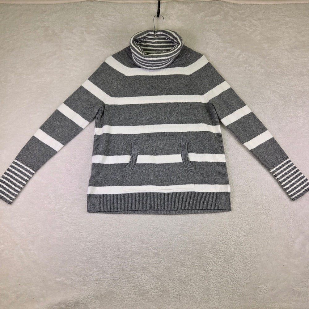 Loft Womens Grey White Striped Long Sleeve Crew Neck Knit Sweater Size M